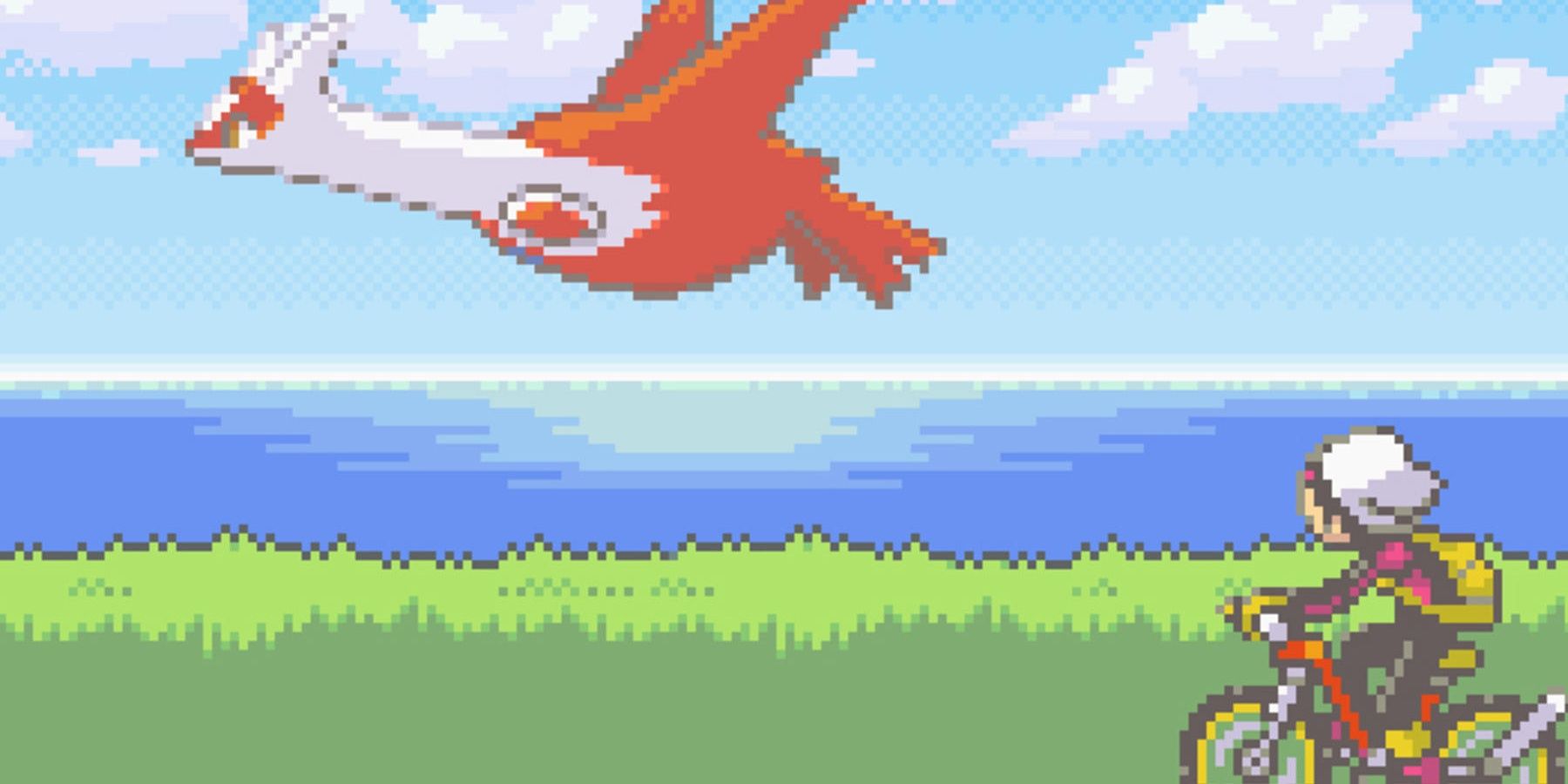 Pokemon Ruby And Sapphire cutscene of flying legendary Pokemon on the water