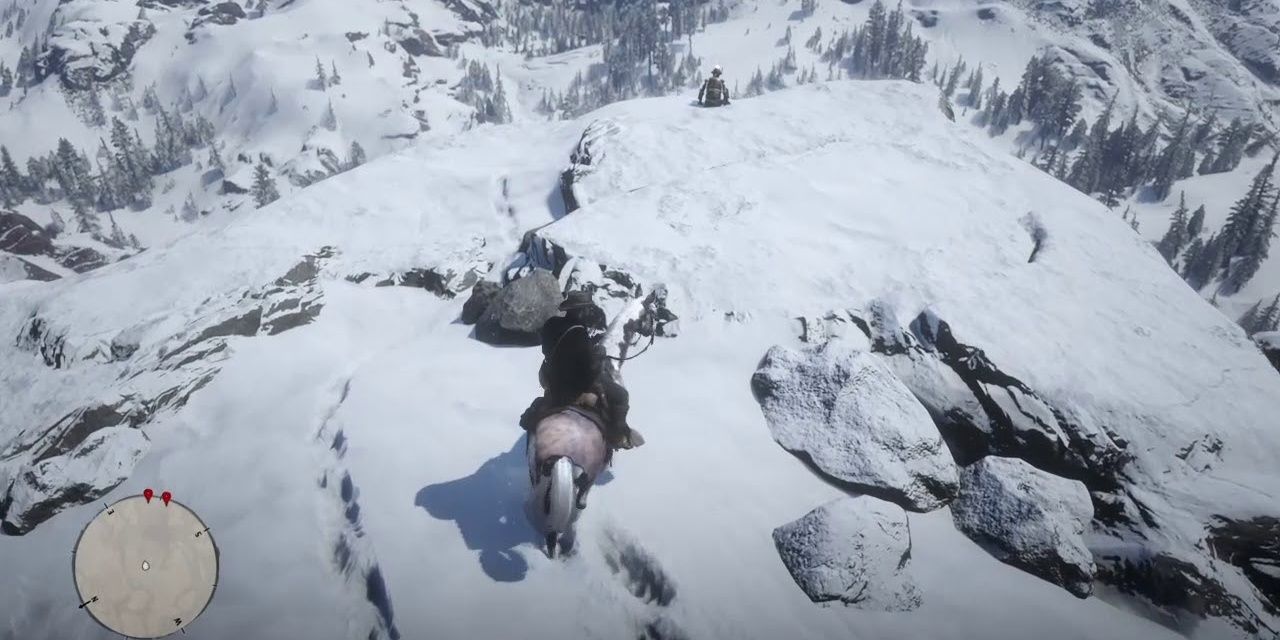 Marko Dragic's robot on a snowy mountaintop in Red Dead Redemption 2