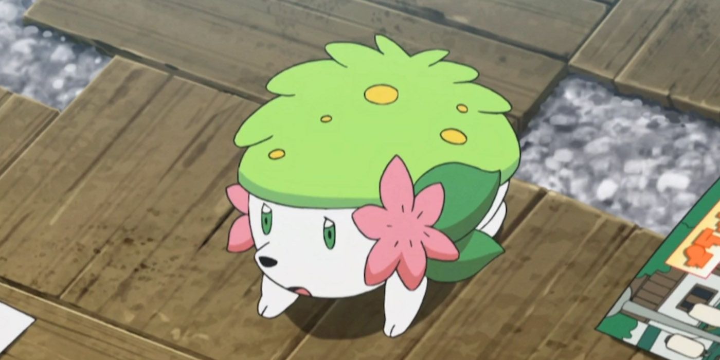 A picture of Shaymin, a green hedgehog with pink flowers in its spikes