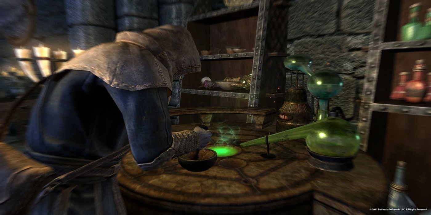 Skyrim character performing alchemy