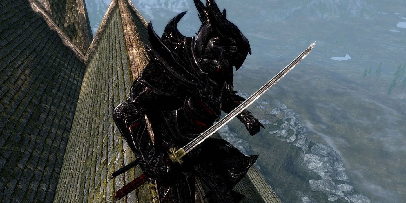 Skyrim Player With Daedric Armor Holding One-Handed Sword
