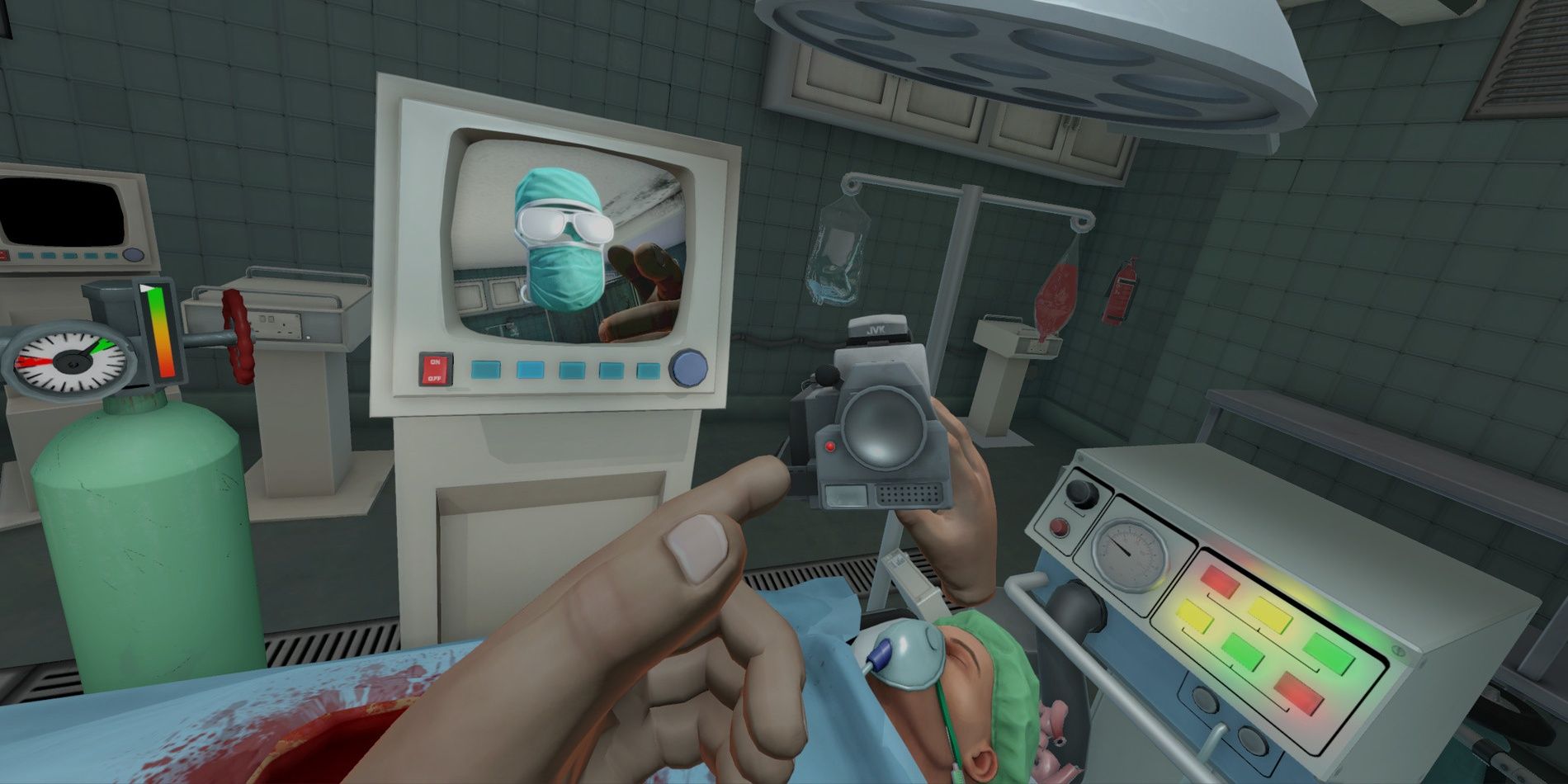 Surgeon Simulator holding device with bandaged man on TV