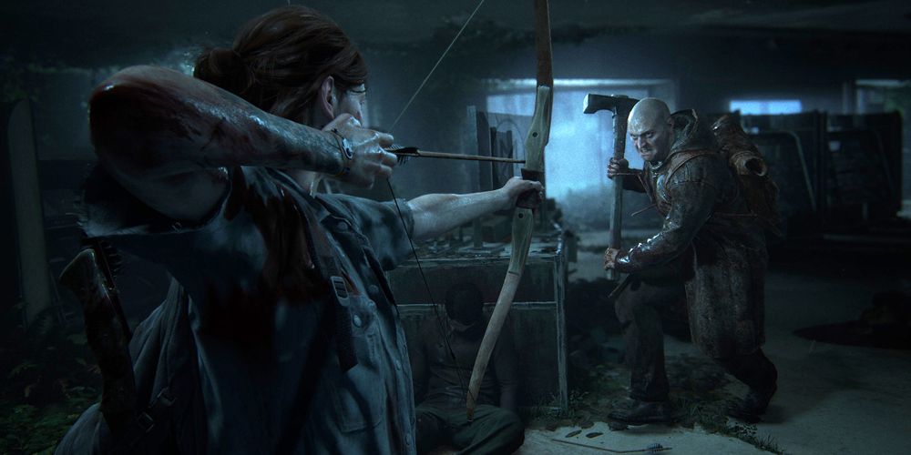 Ellie aiming a bow and arrow at a menacing Seraphite in The Last Of Us 2