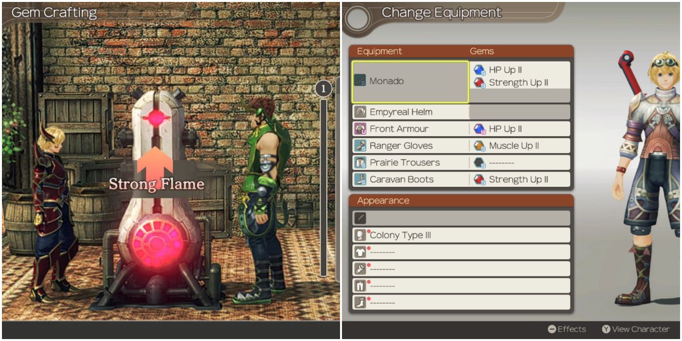Xenoblade Chronicles Gem Crafting and Equipment Screen