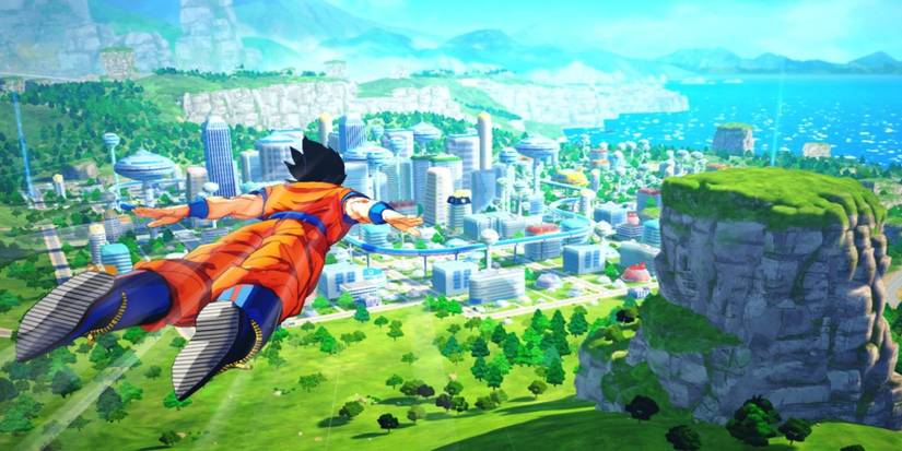 dbz kakarot goku flying over city