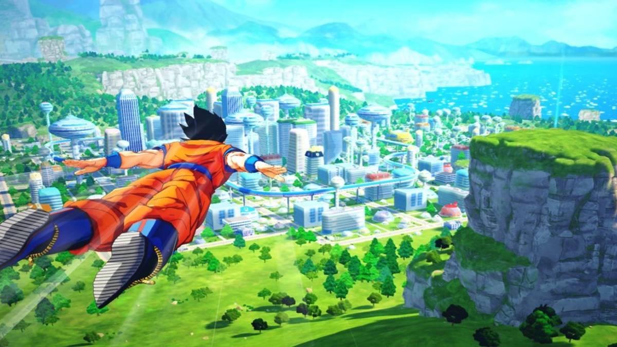 dbz kakarot goku flying over city