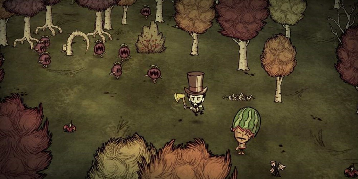 don't starve together game play in dark woods with top hat and axe