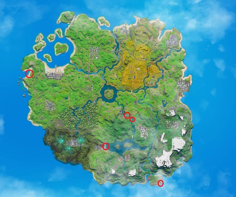fortnite map with 5 circled no swimming locations