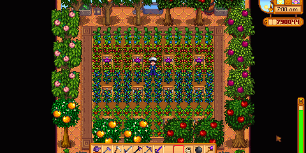 Several crops and trees growing in the greenhouse