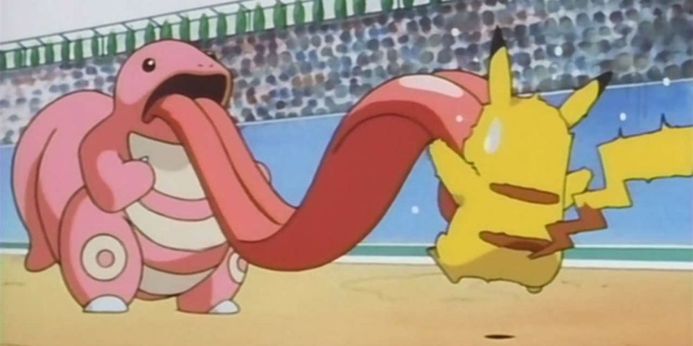 the pink pokemon using lick on pikachu in the anime