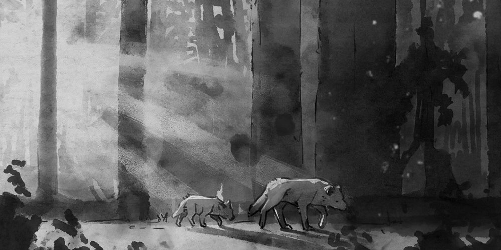Brother wolves in a forest.
