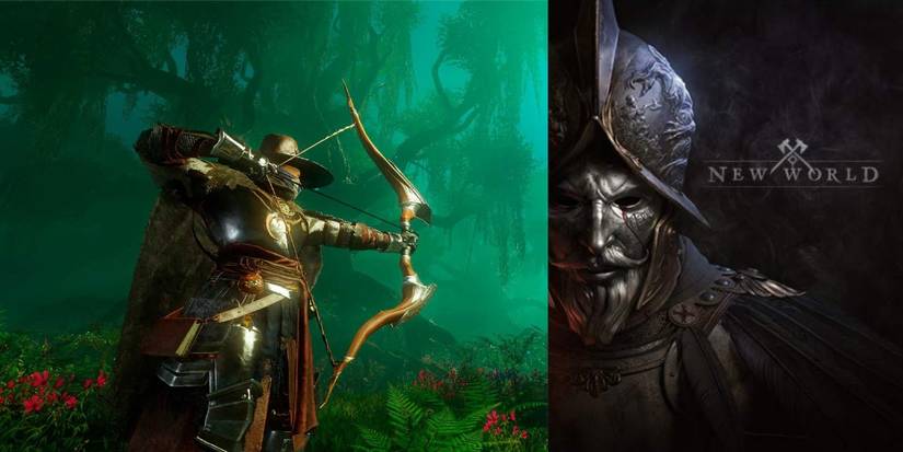 New World split image, archer with promo art helm