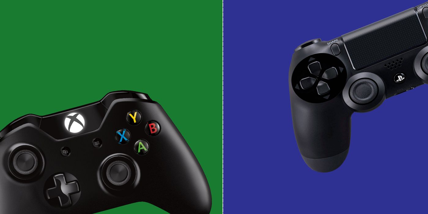 Xbox and PlayStation controller over green and blue background