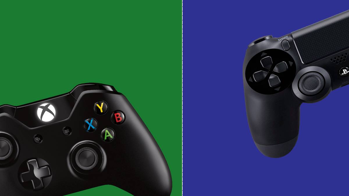 Xbox and PlayStation controller over green and blue background