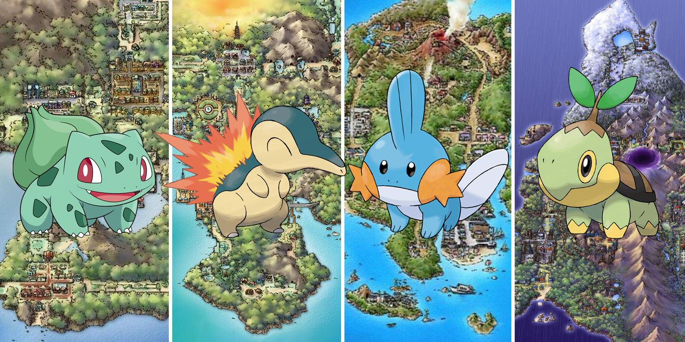 The Kanto, Johto, Hoenn and Sinnoh regions from the Pokemon games