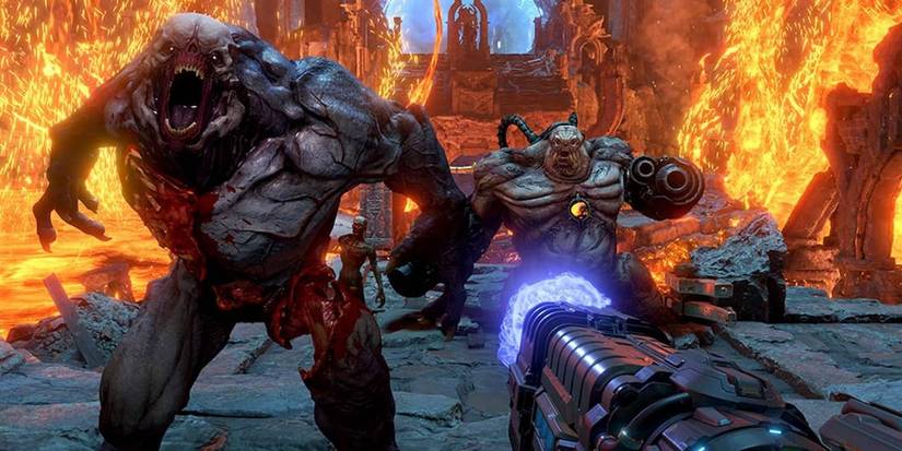 Doom Eternal Aiming At Group Of Enemies With Plasma Rifle