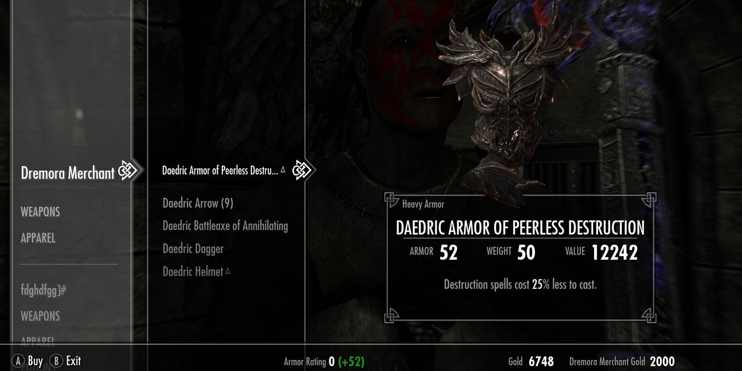 Daedric Armor of Peerless Destruction vendor price Skyrim