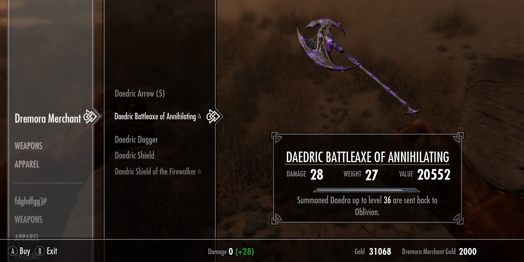 Daedric Battleaxe of Annihilating vendor price Skyrim