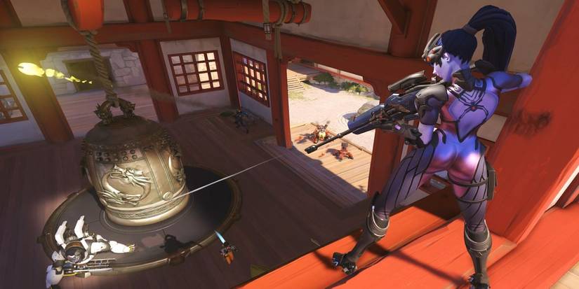Overwatch Widowmaker atop Hanamura window