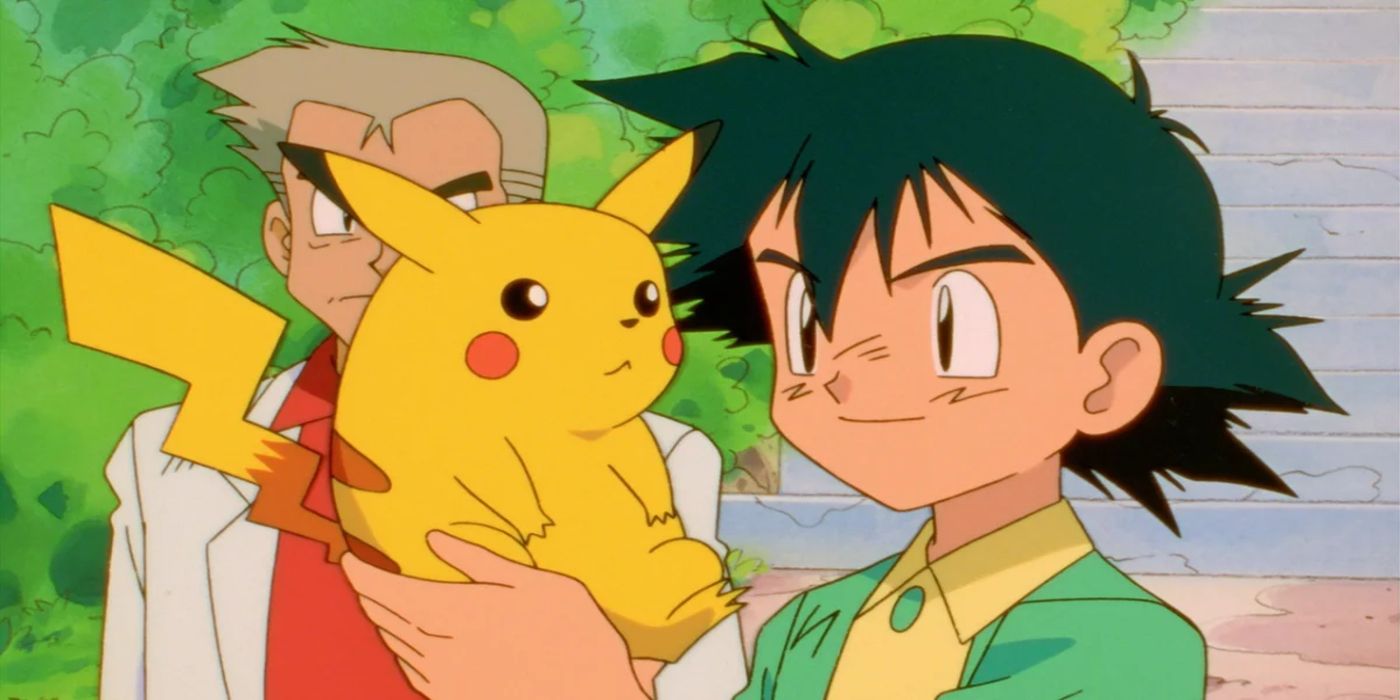 Ash holds Pikachu in the first episode of the anime