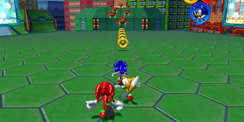 Sonic Heroes protagonists running to rings