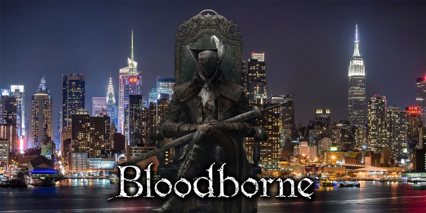 Bloodborne Hunter sitting in front of New York skyline