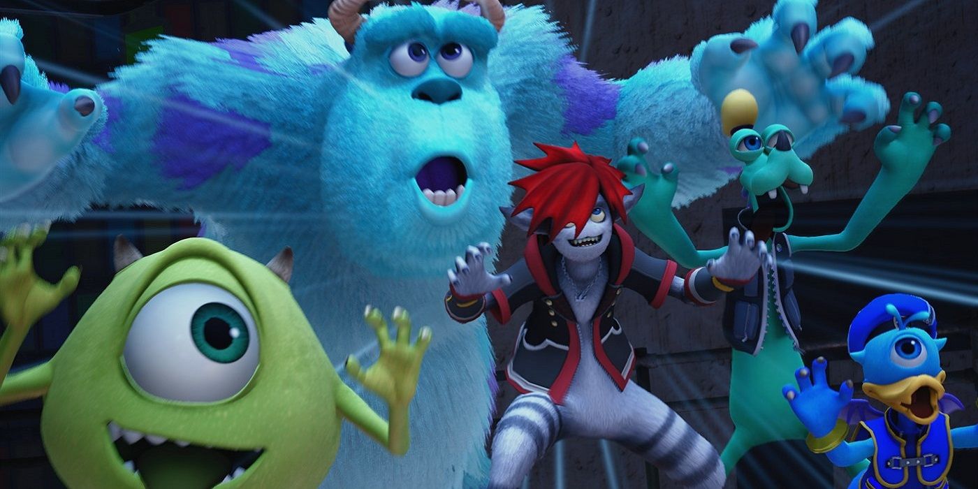 Sulley, Mike, Sora, Donald, and Goofy in Kingdom Hearts 3