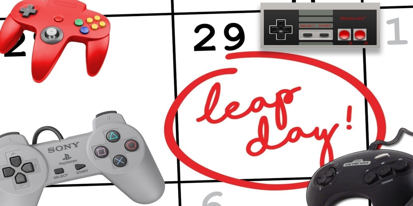 leap day 2020 on calendar with various old game controllers header image
