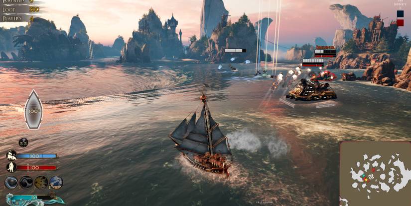 Pirate ships battling on the sea.