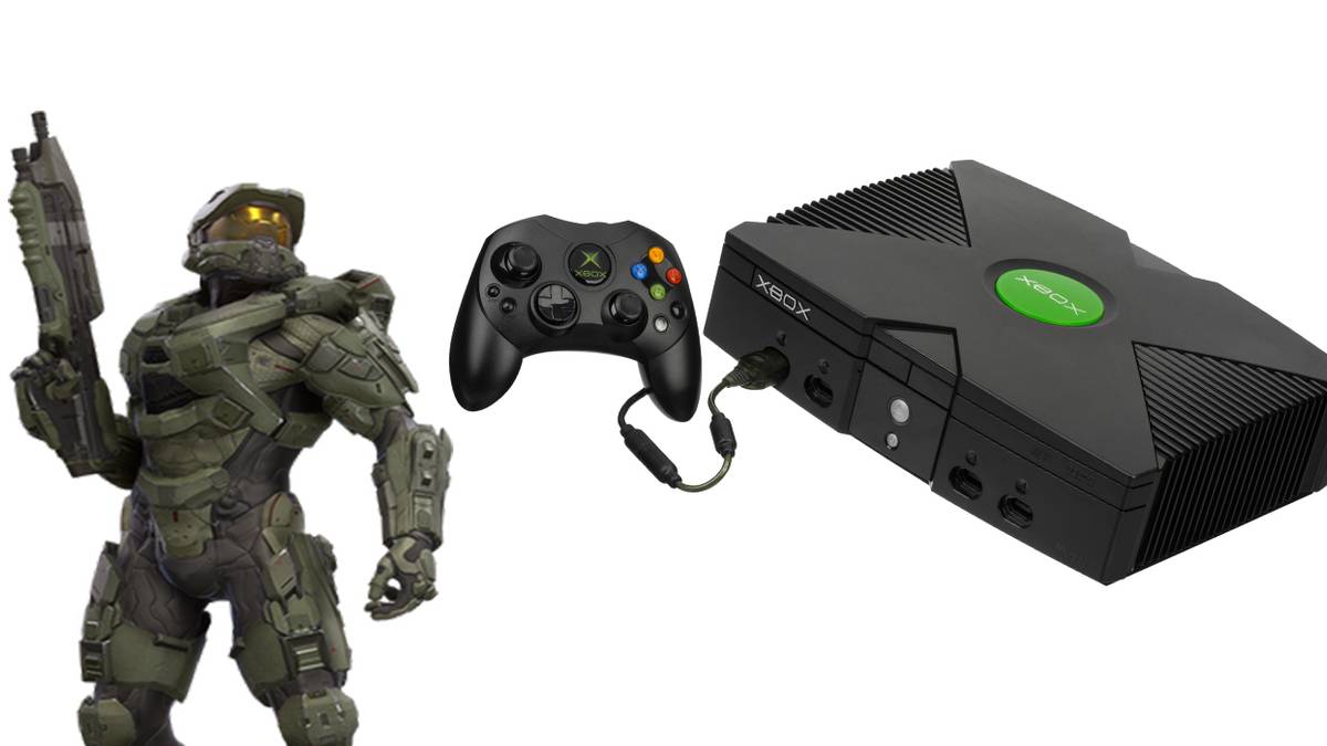 Master Chief Holding rifle next to original xbox