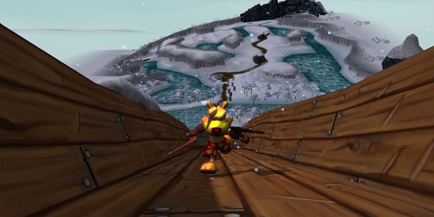 Ty the Tasmanian Tiger running up a hollow log holding a boomerang