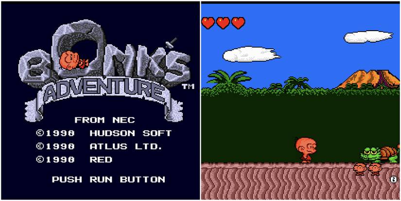 Bonk's Adventure 2d platformer title screen split image