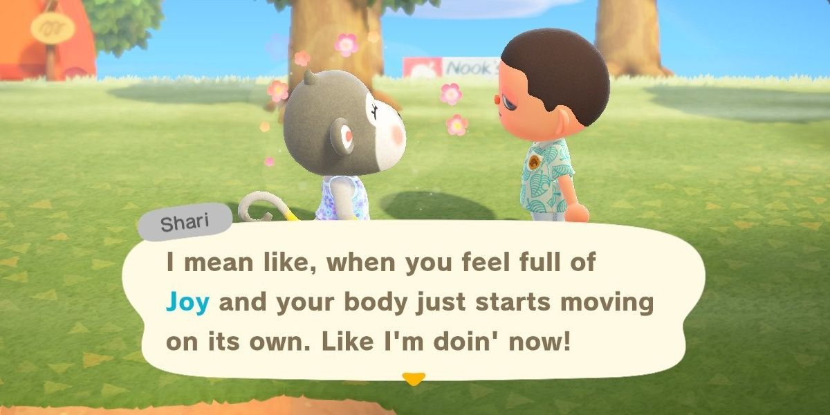 Animal Crossing New Horizons player talking to shari