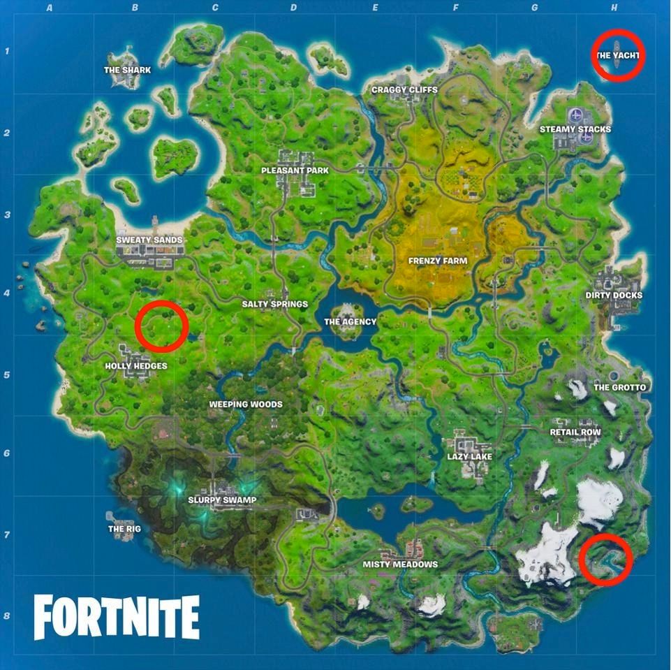 Locations of Shipwreck Cove, The Yacht, and Flopper Pond