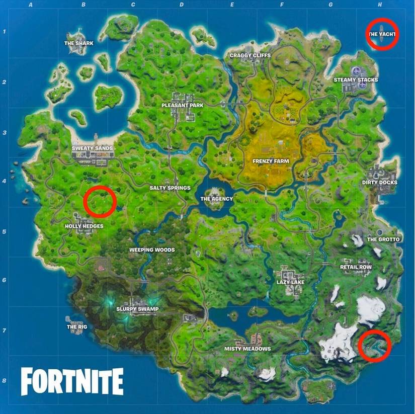 Locations of Shipwreck Cove, The Yacht, and Flopper Pond