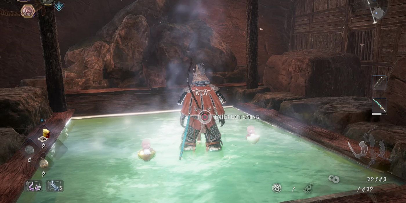 Resting in a rejuvenative hot spring in Nioh 2