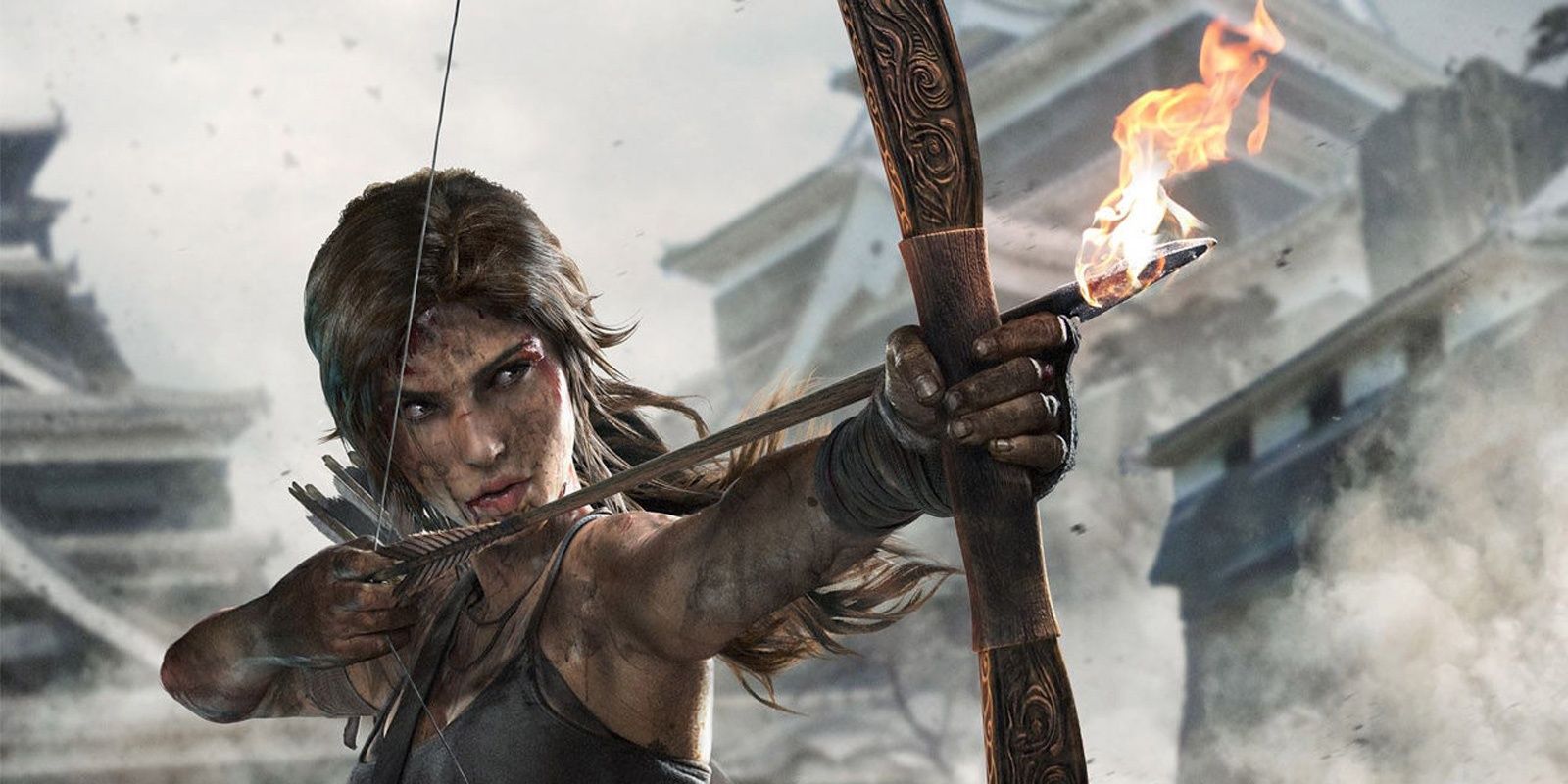 Lara Croft with a flaming arrow