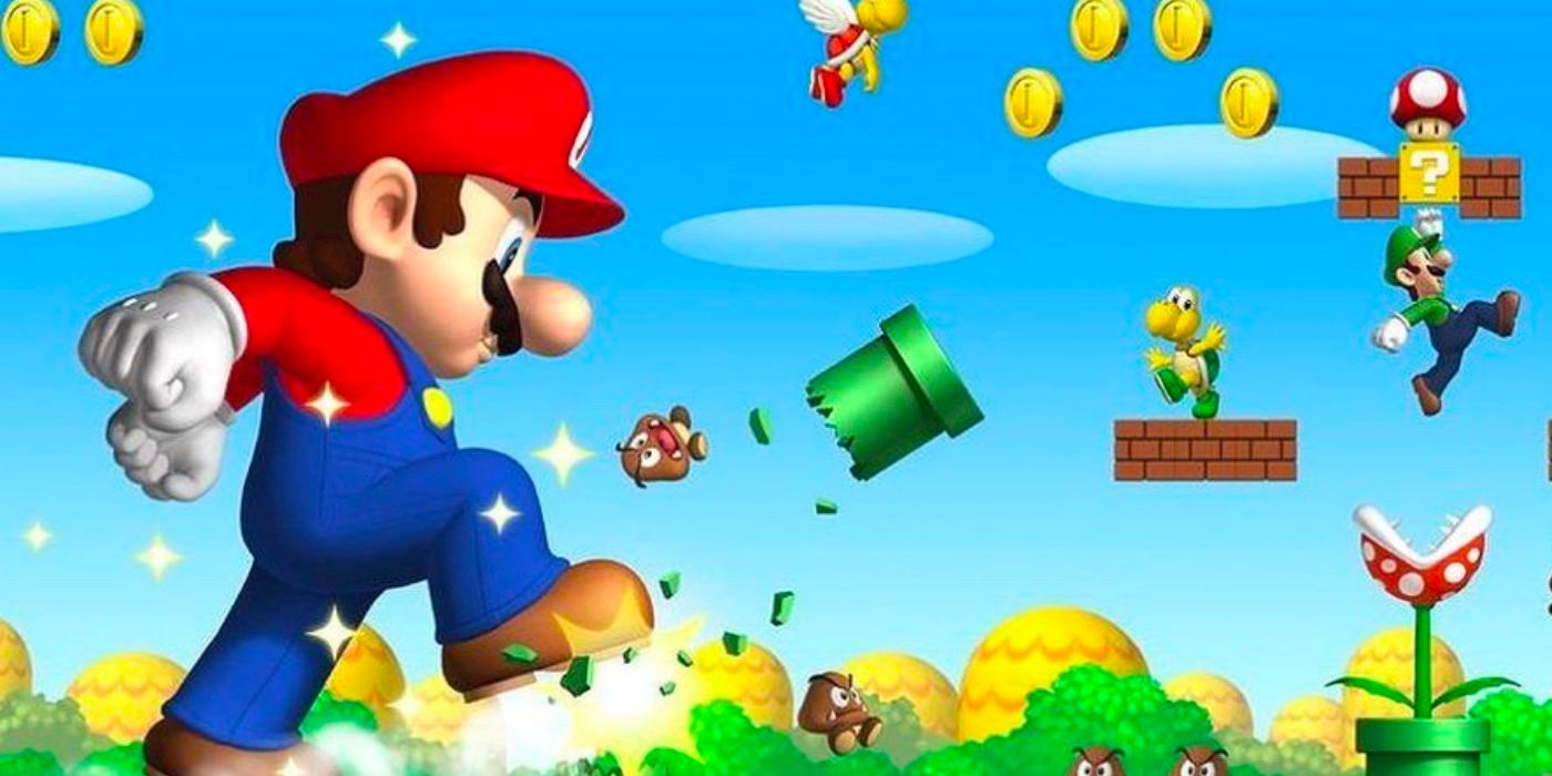 Giant Mario crushing enemies, Luigi jumping.