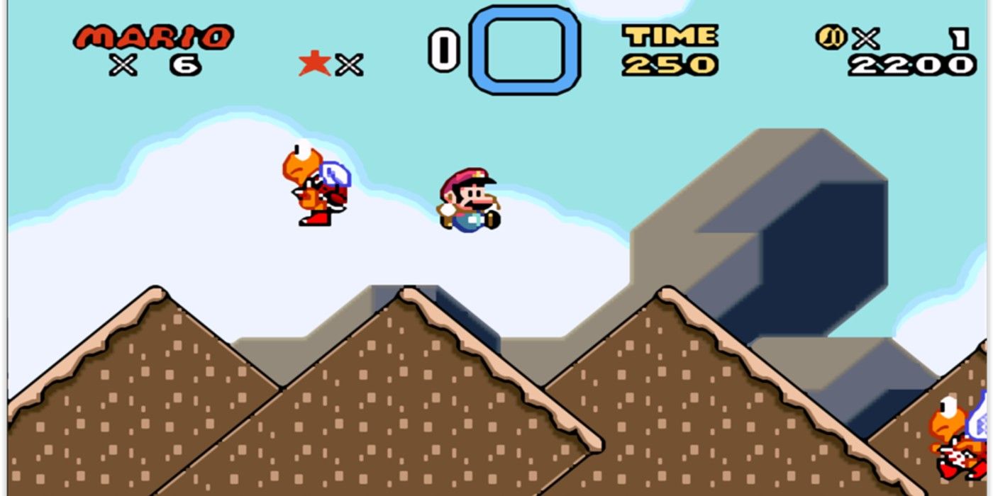 Mario leaping by Koopa Troopas in Super Mario World's Chocolate Secret platforms