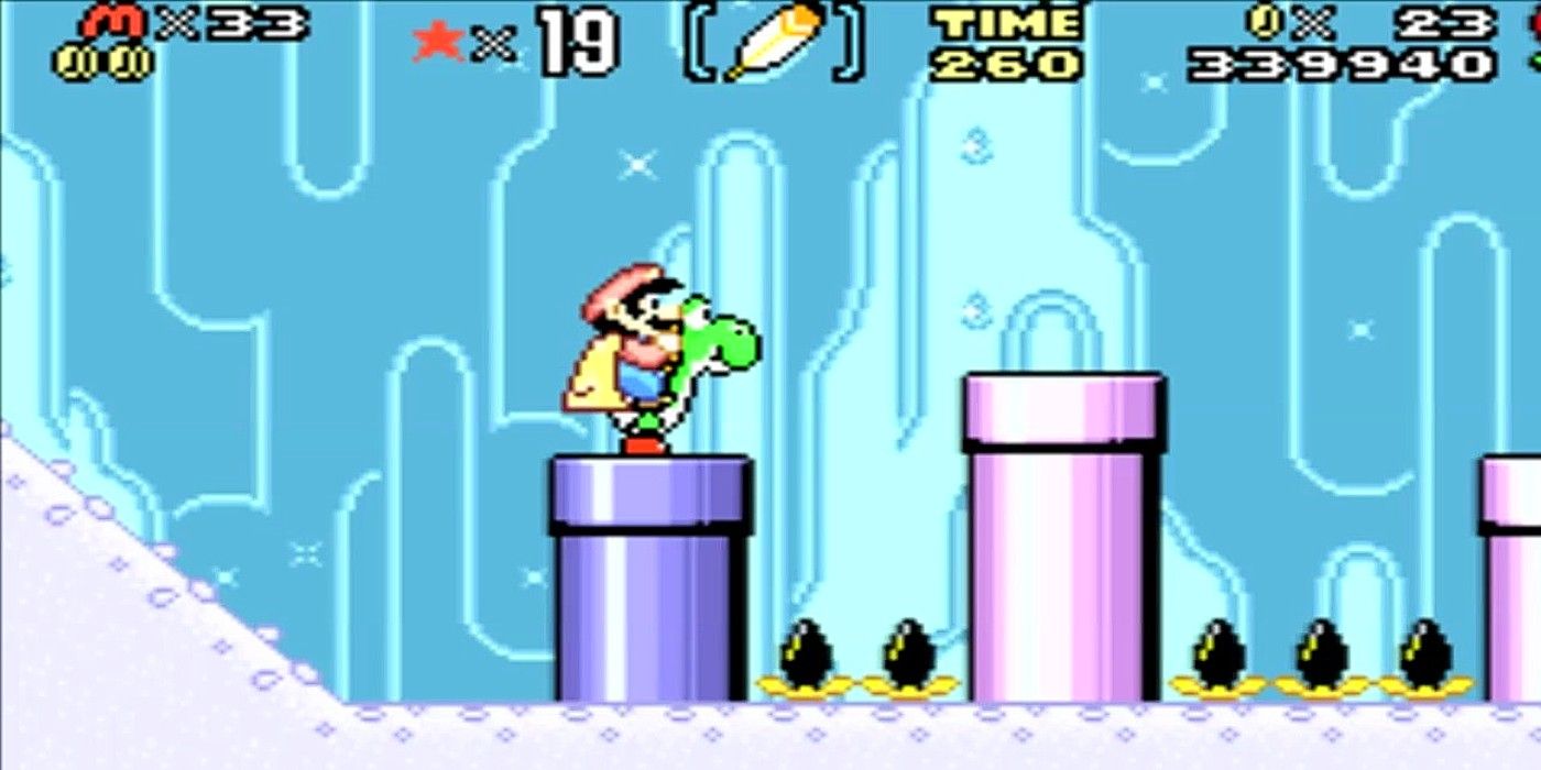 Mario and Yoshi standing on pipe in Super Mario World's Donut Secret 2