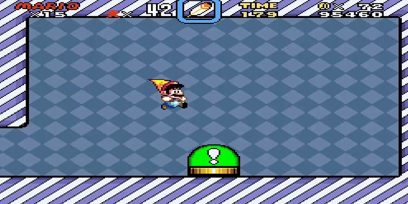 Марио прыгает на зеленый переключатель во дворце Зеленого переключателя