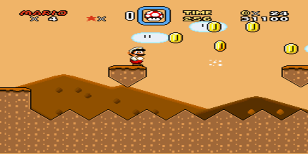 Super Mario World Dinosaur Land autumn platform with coins and mushroom