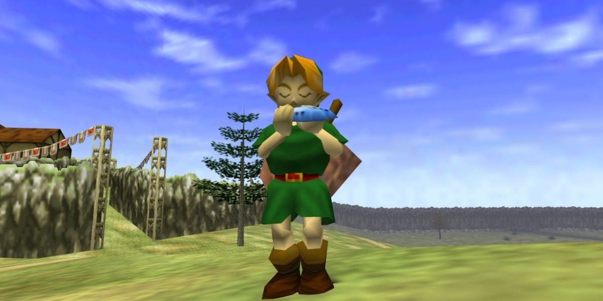 The Legend of Zelda Ocarina Of Time Линк стоит у моста и играет на своей окарине