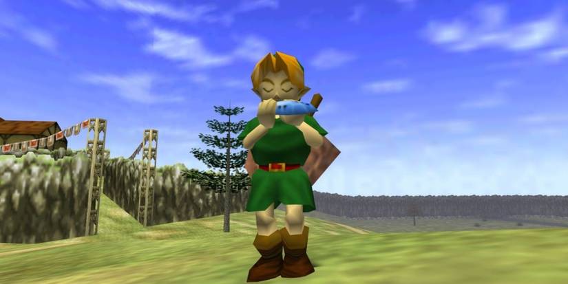 The Legend of Zelda Ocarina Of Time Link standing by bridge playing his Ocarina