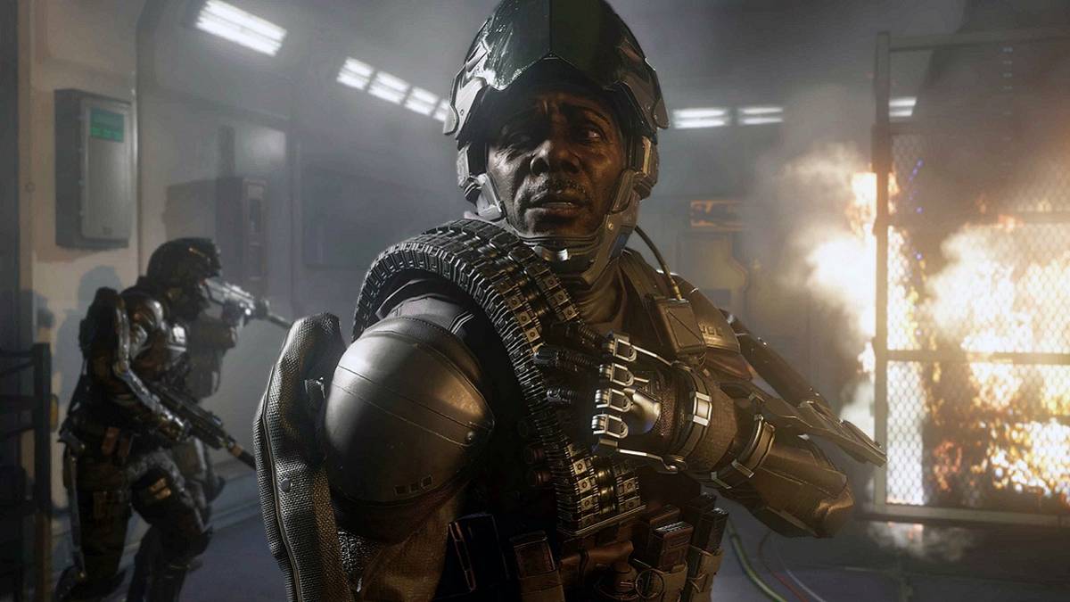 closeup of a soldier, flame behind him