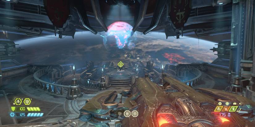 Doom Eternal large ballista aimed at overlook of platnet with hologram