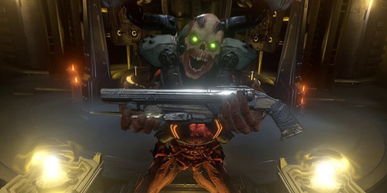 Doom Eternal ballista demon with glowing eyes holding super shotgun