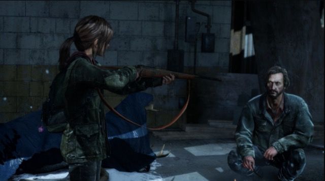 Ellie pointing a rifle at David The Last of Us