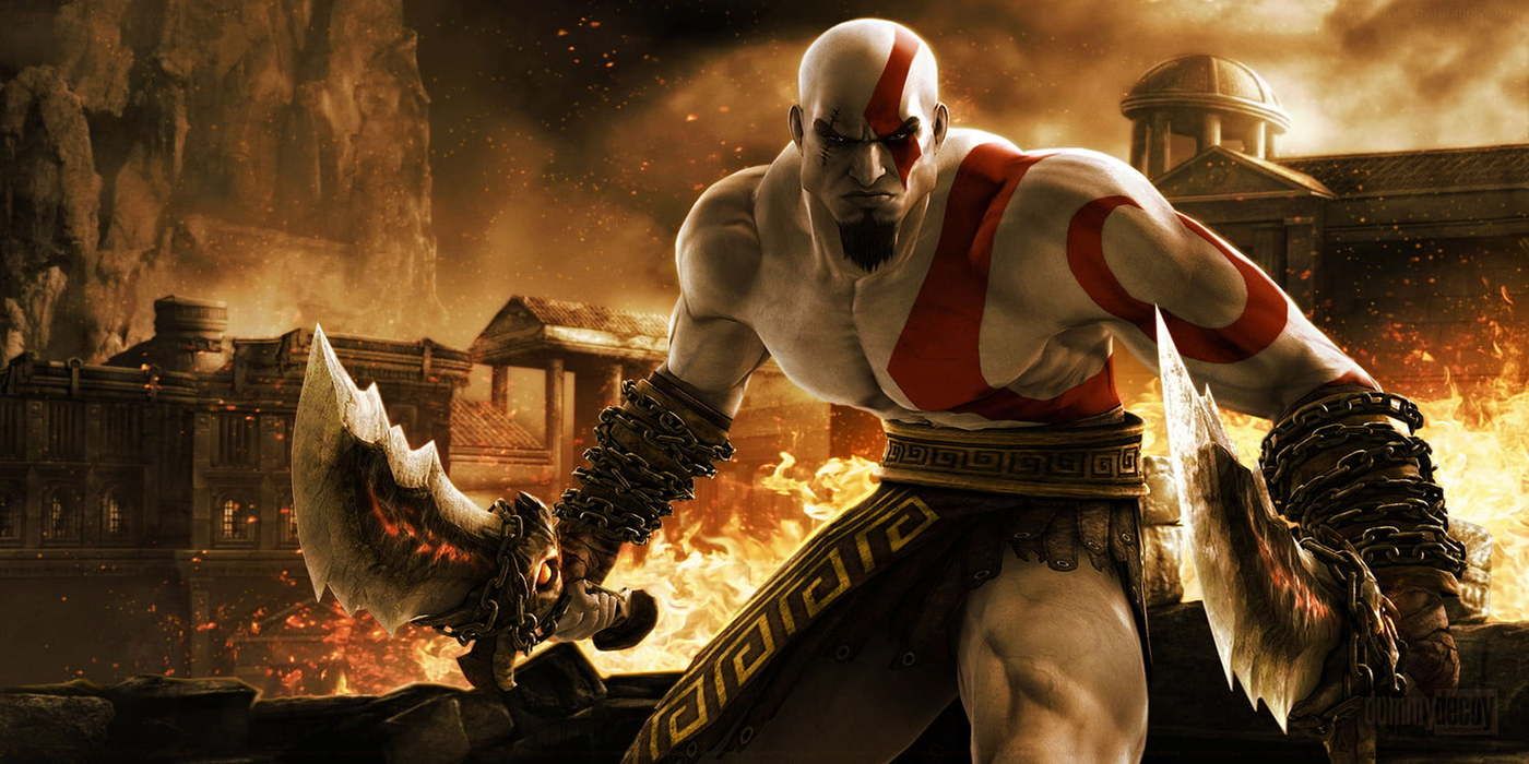 Kratos in front of burning city