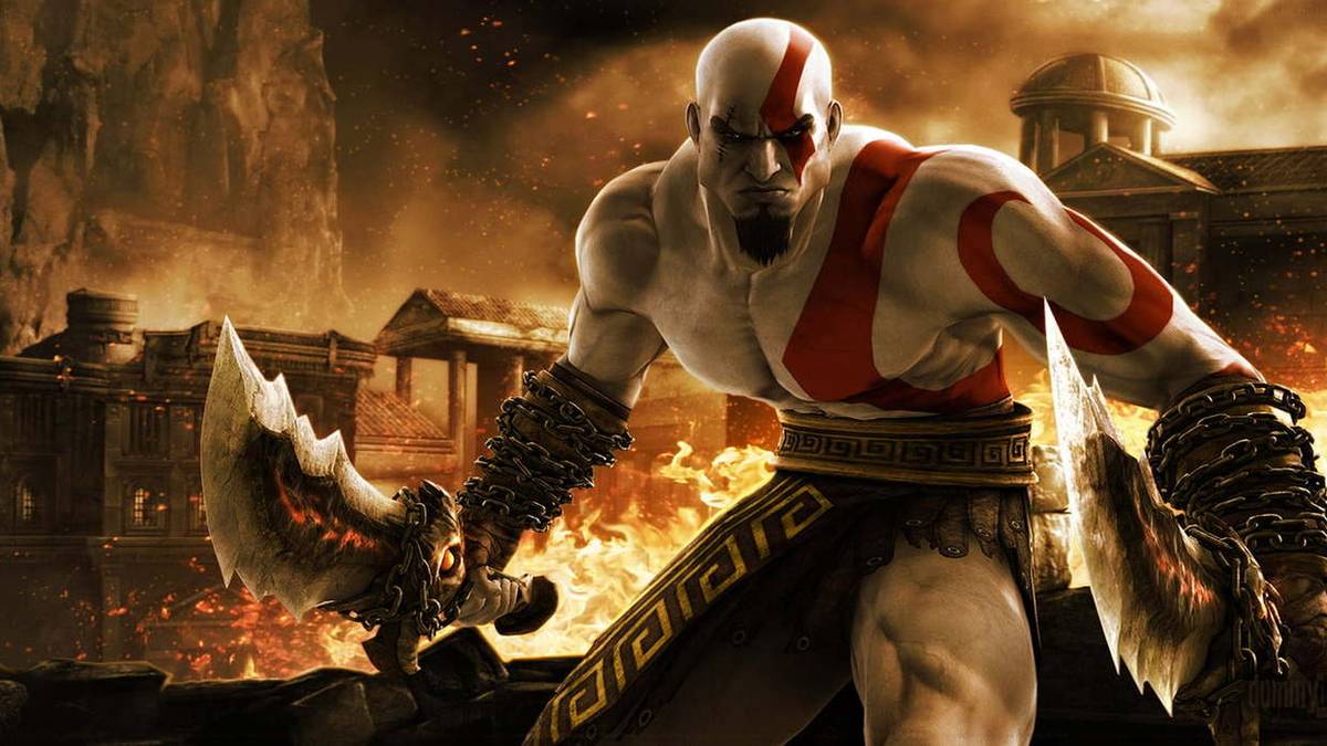 Kratos in front of burning city
